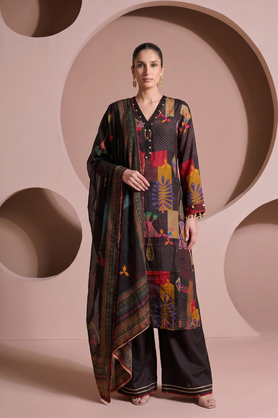 Dark Brown Embellished Crepe Silk Palazzo Set