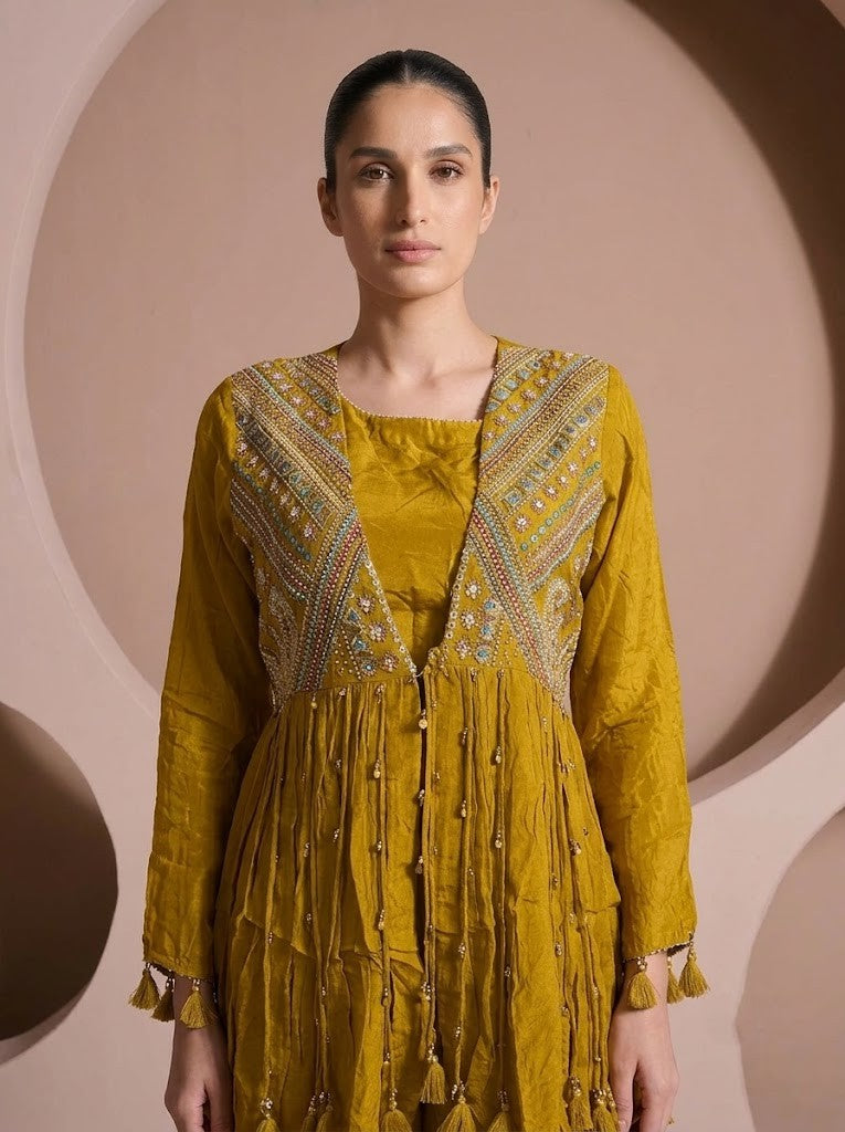 Mustard Yellow Embroidered Chinon Silk Palazzo Set