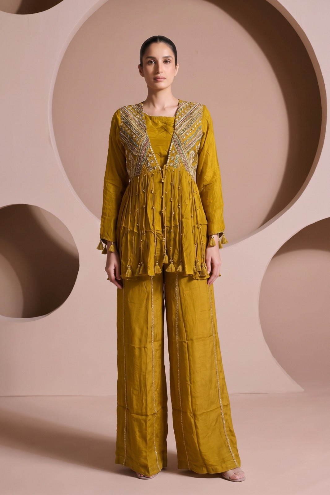 Mustard Yellow Embroidered Chinon Silk Palazzo Set