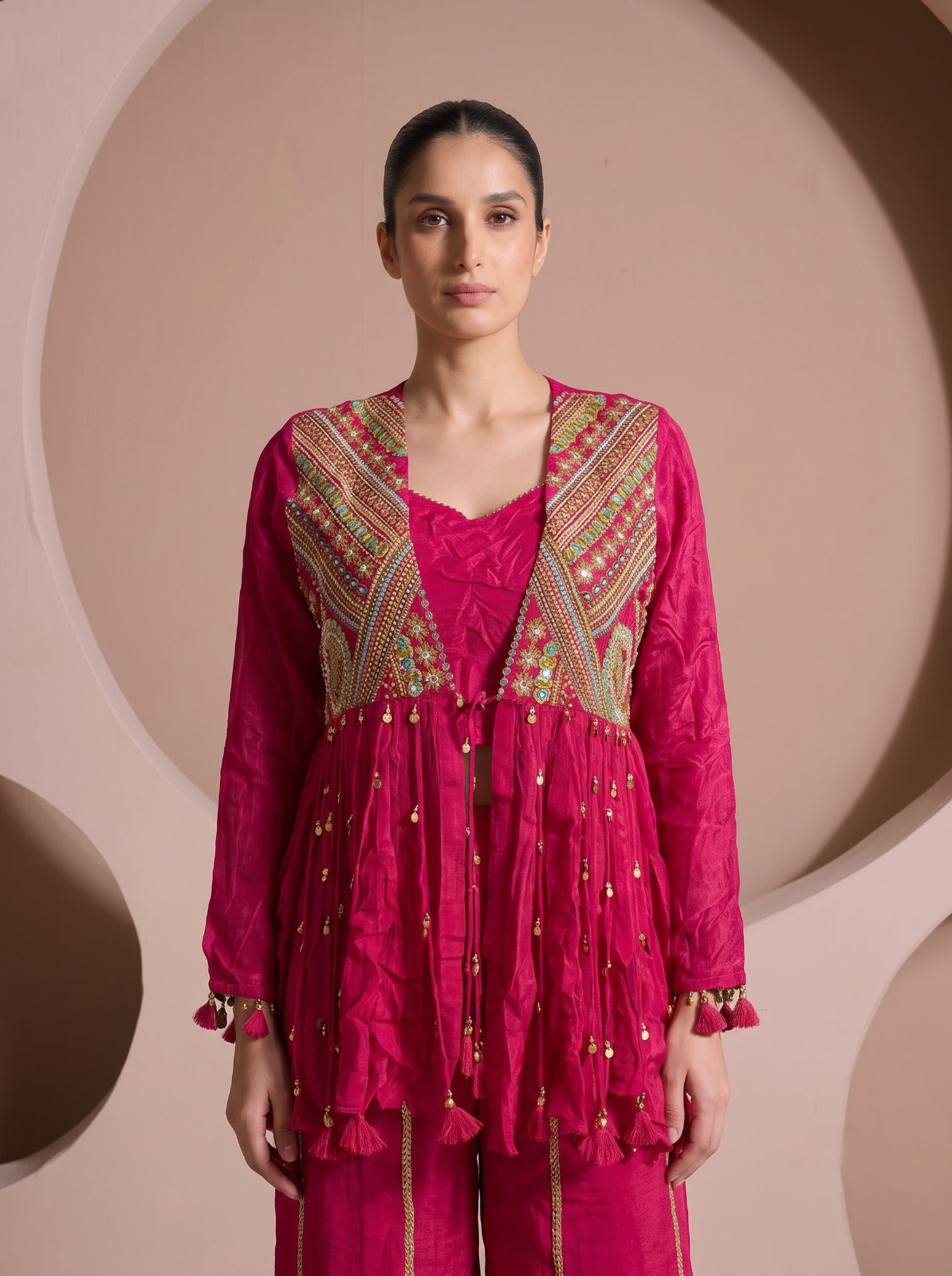 Hot Pink Embroidered Chinon Silk Palazzo Set