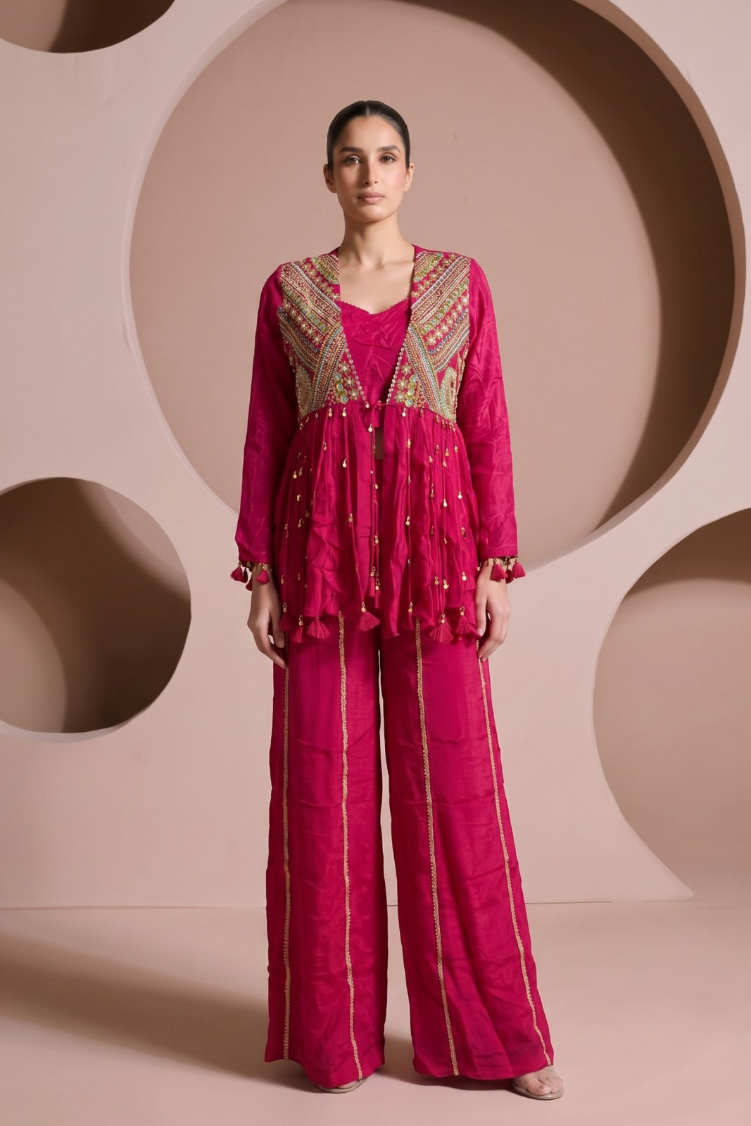 Hot Pink Embroidered Chinon Silk Palazzo Set