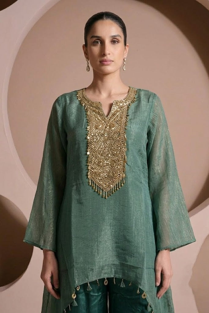 Teal Green Embellished Tissue Silk Co-Ord Set