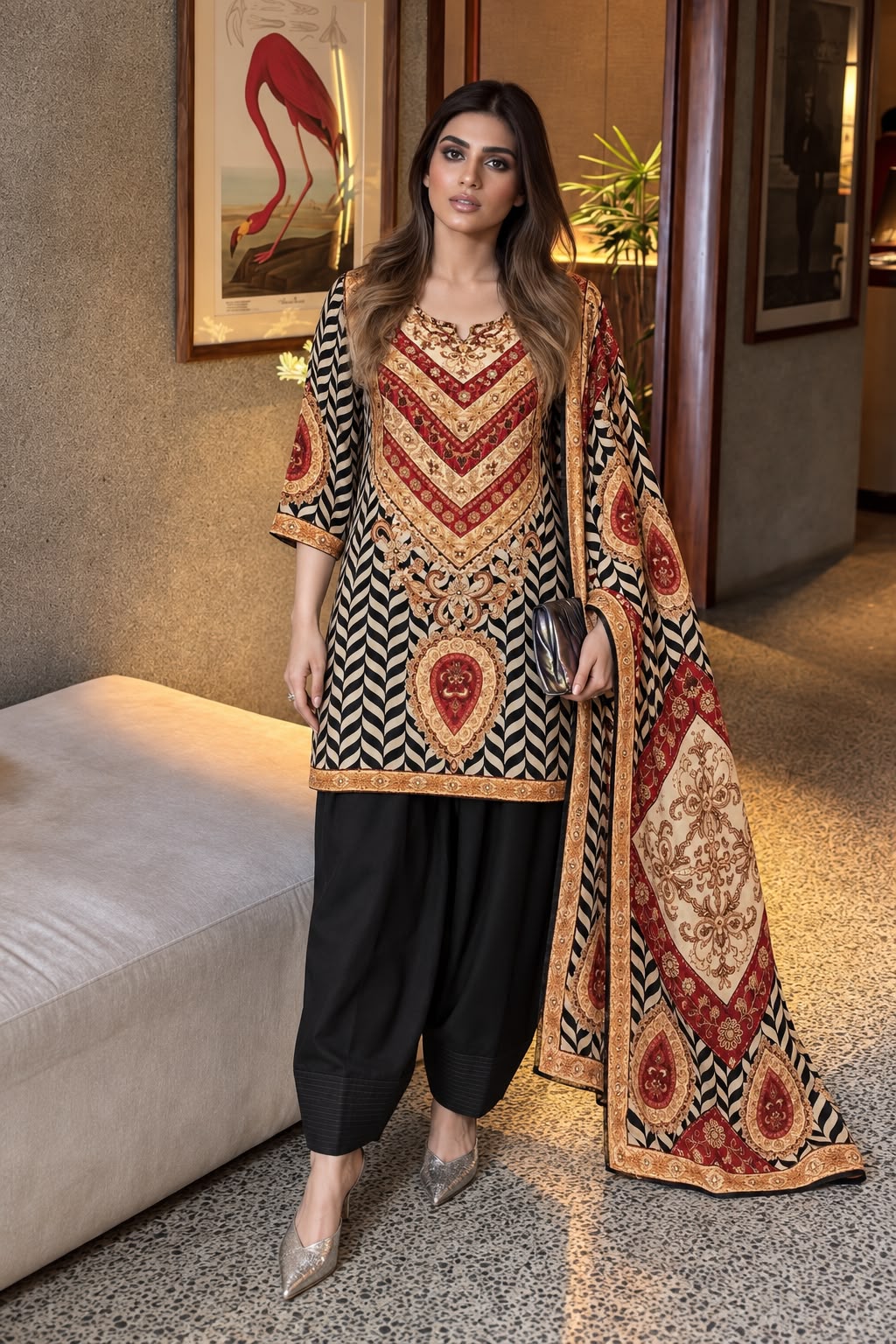 Jet Black Printed Pure Crepe Silk Farshi Salwar Set