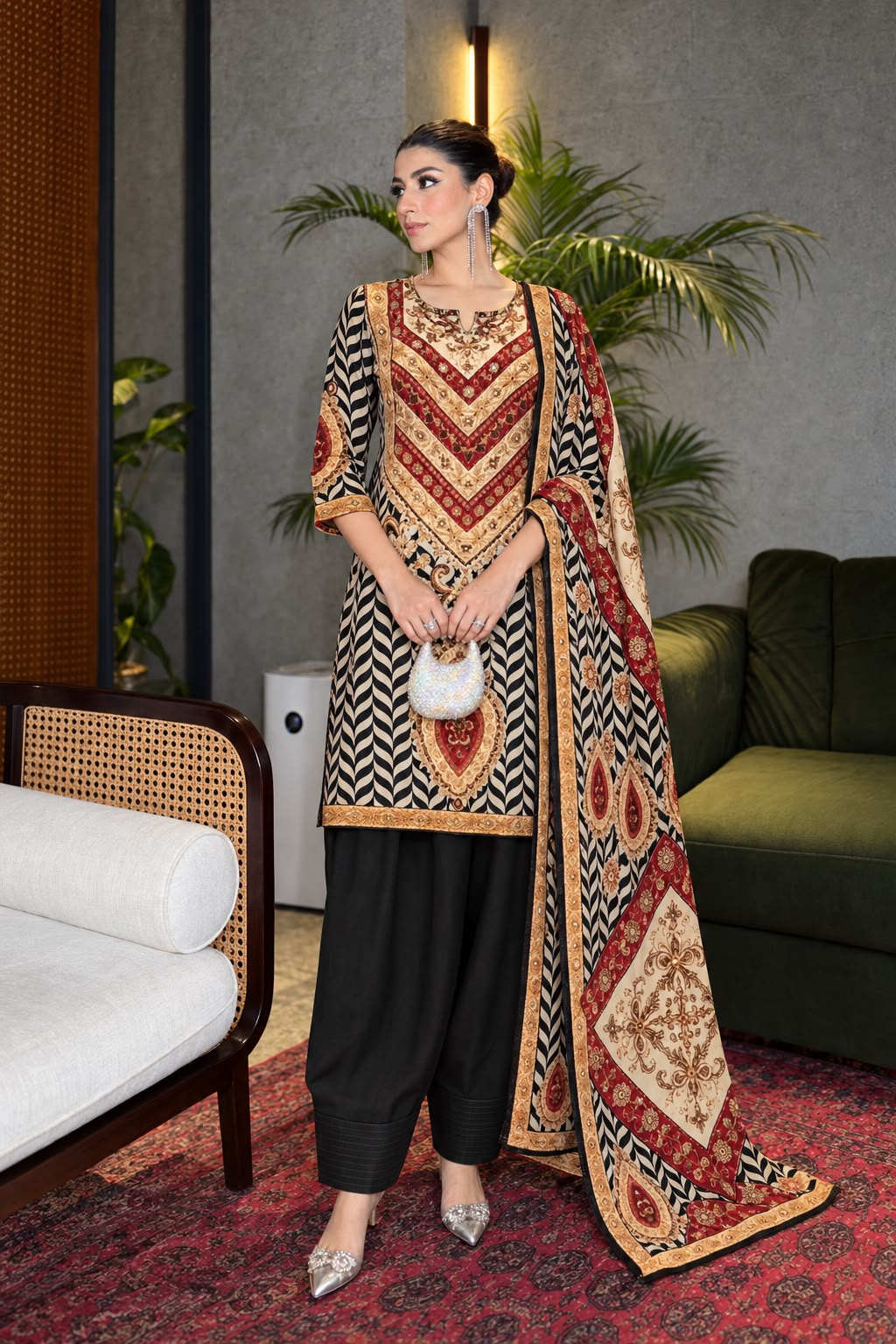 Jet Black Printed Pure Crepe Silk Farshi Salwar Set