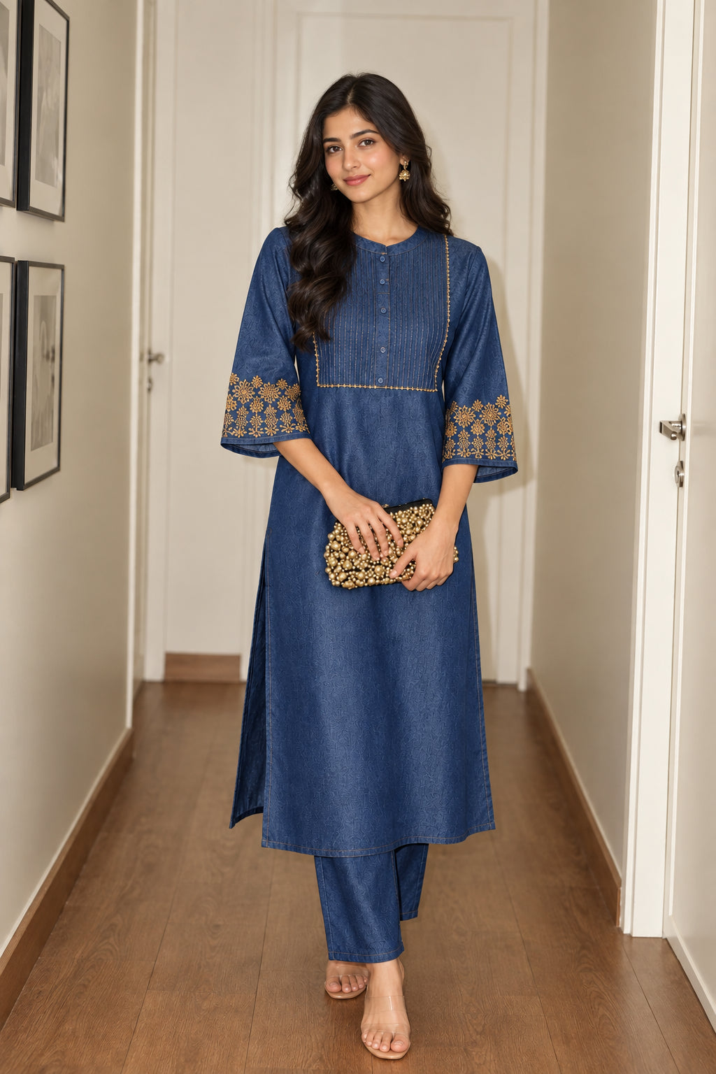 Royal Blue Denim Embroidered Kurta Set