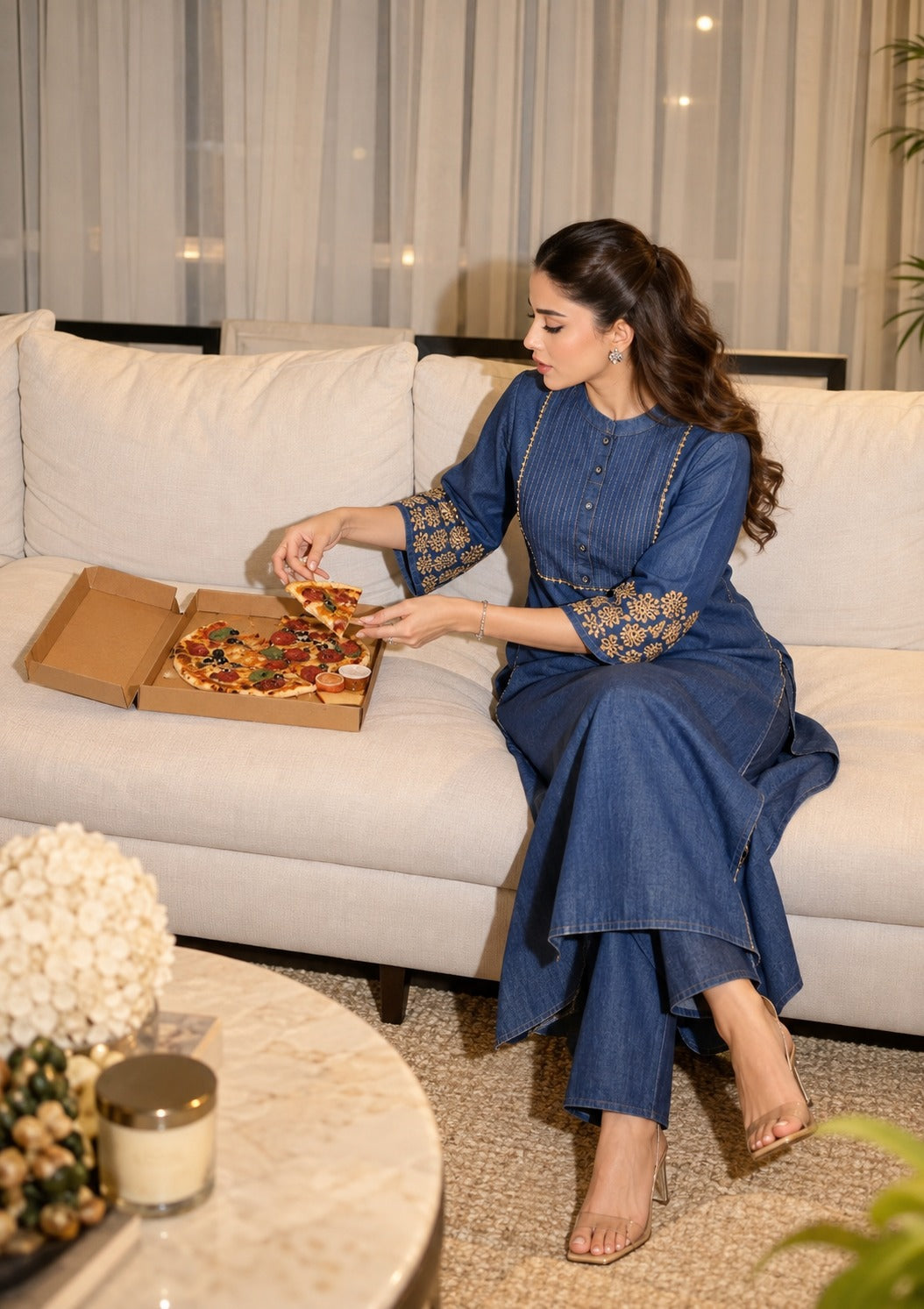 Royal Blue Denim Embroidered Kurta Set