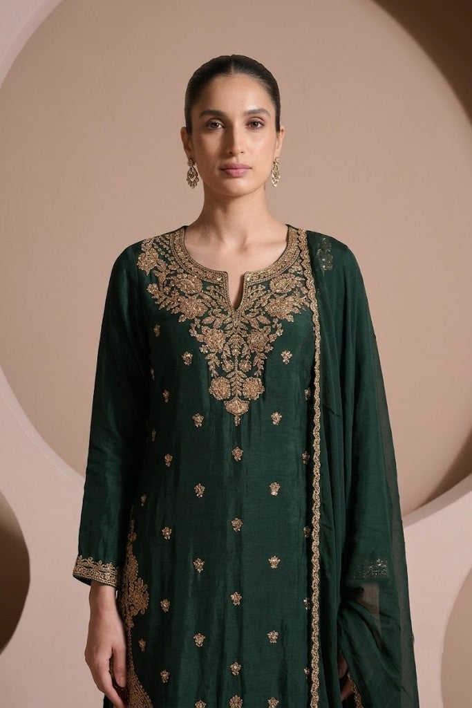 Dark Bottle Green Embellished Chinon Silk Palazzo Set