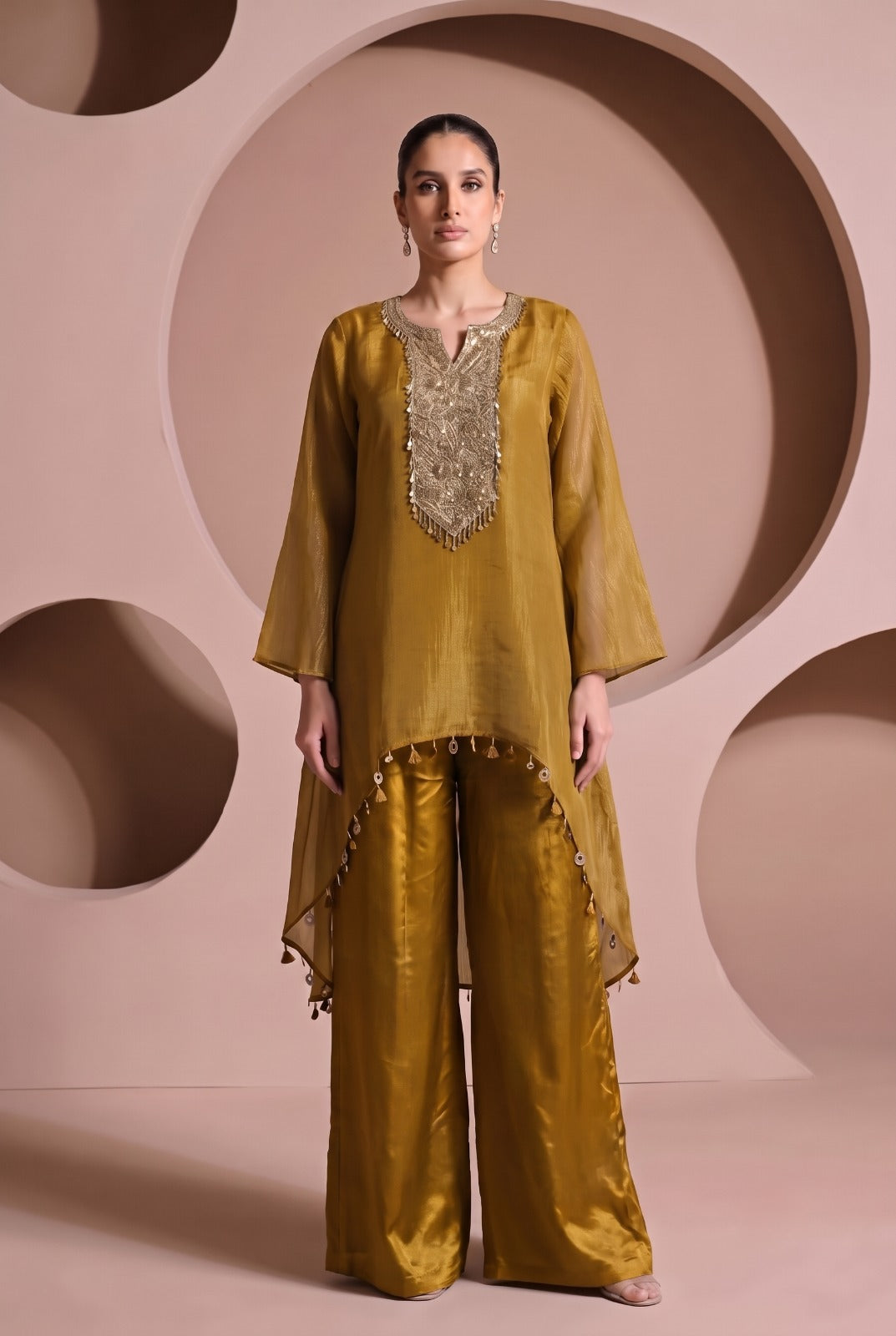 Honey Gold Embellished Tissue Silk Co-Ord Set