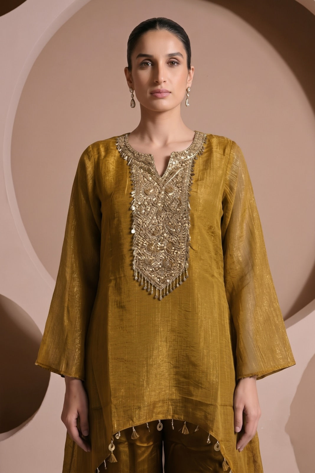 Honey Gold Embellished Tissue Silk Co-Ord Set