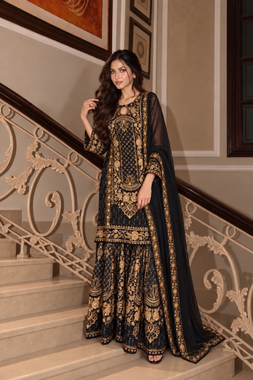 Gold Noir Embellished Pure Crepe Silk Sharara Set