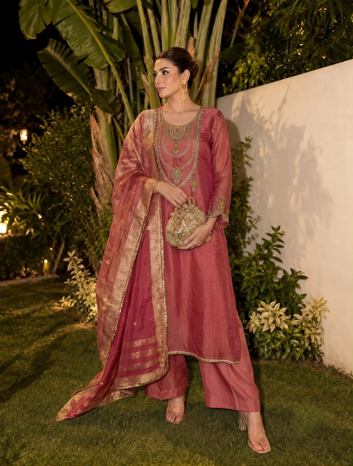 Coral Pink Embellished Shimmer Tissue Silk Pant Set