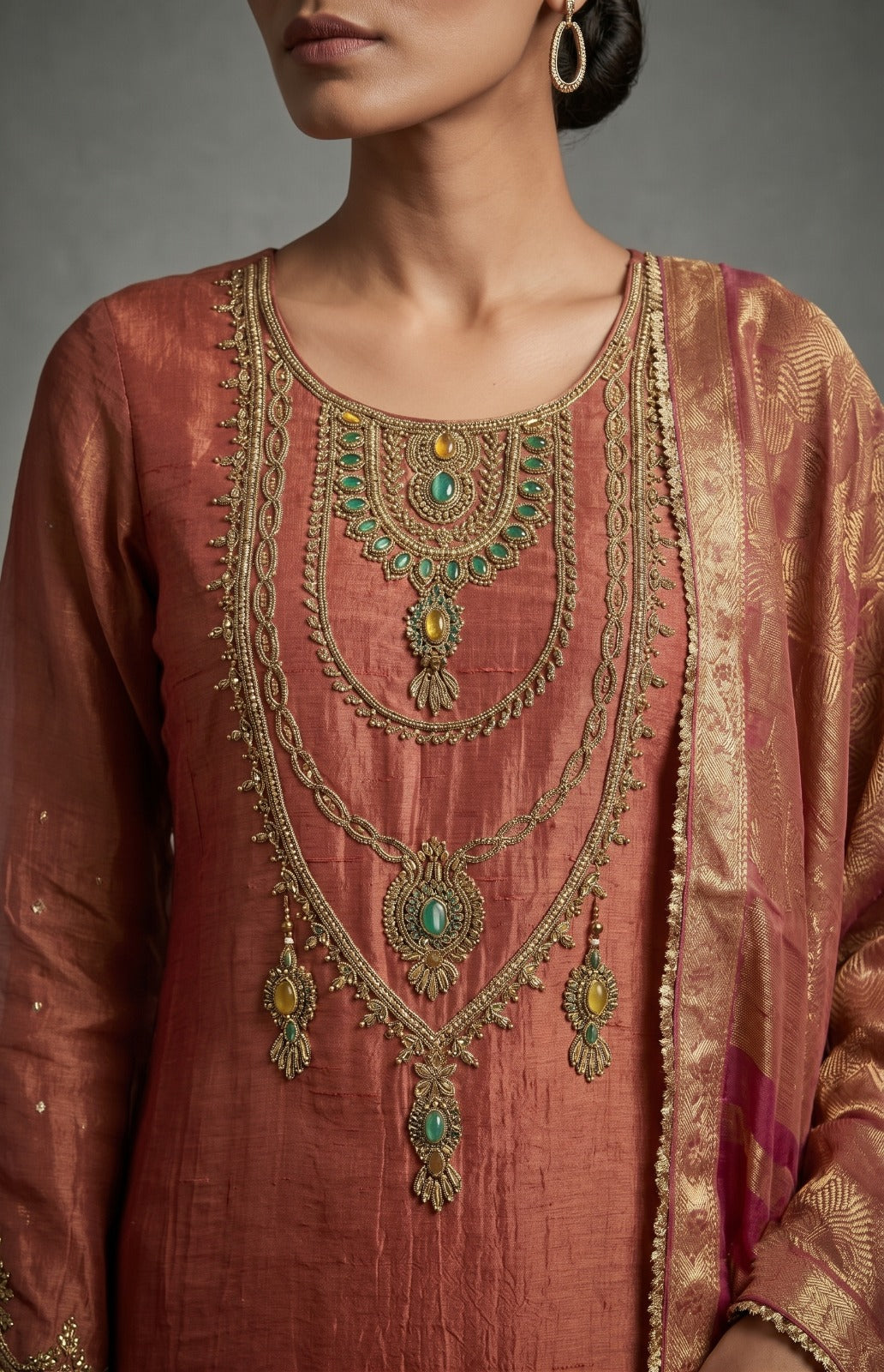 Coral Pink Embellished Shimmer Tissue Silk Pant Set