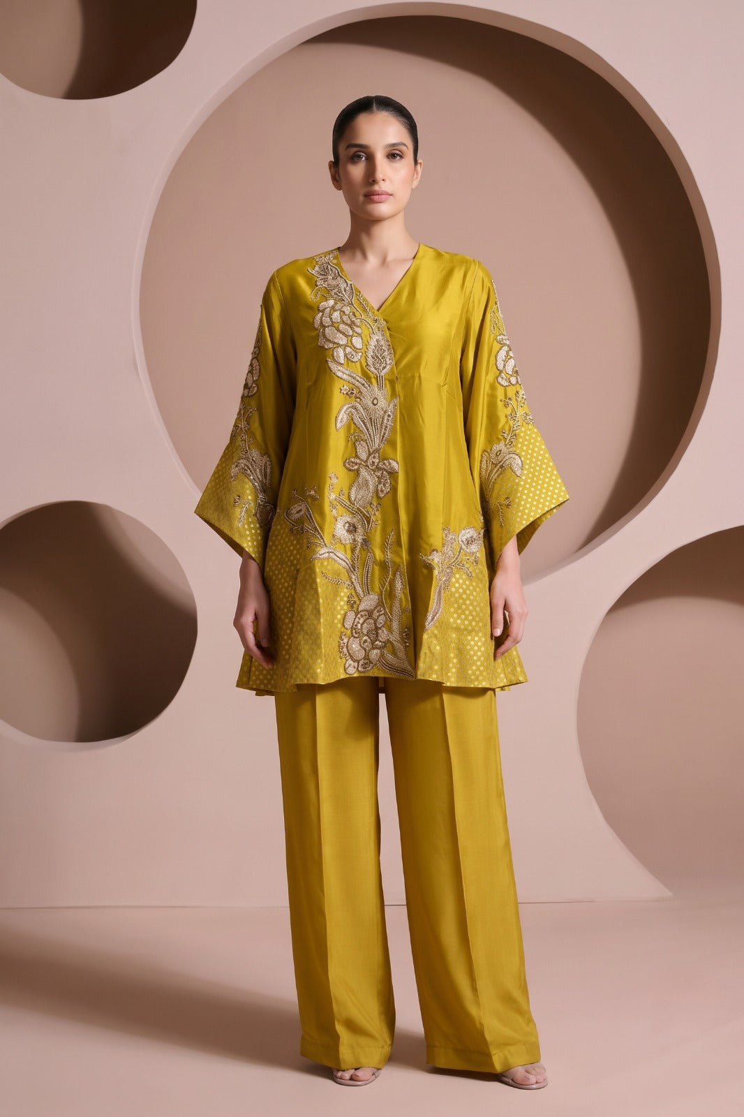 Lime Green Embellished Raw Silk Co-Ord Set