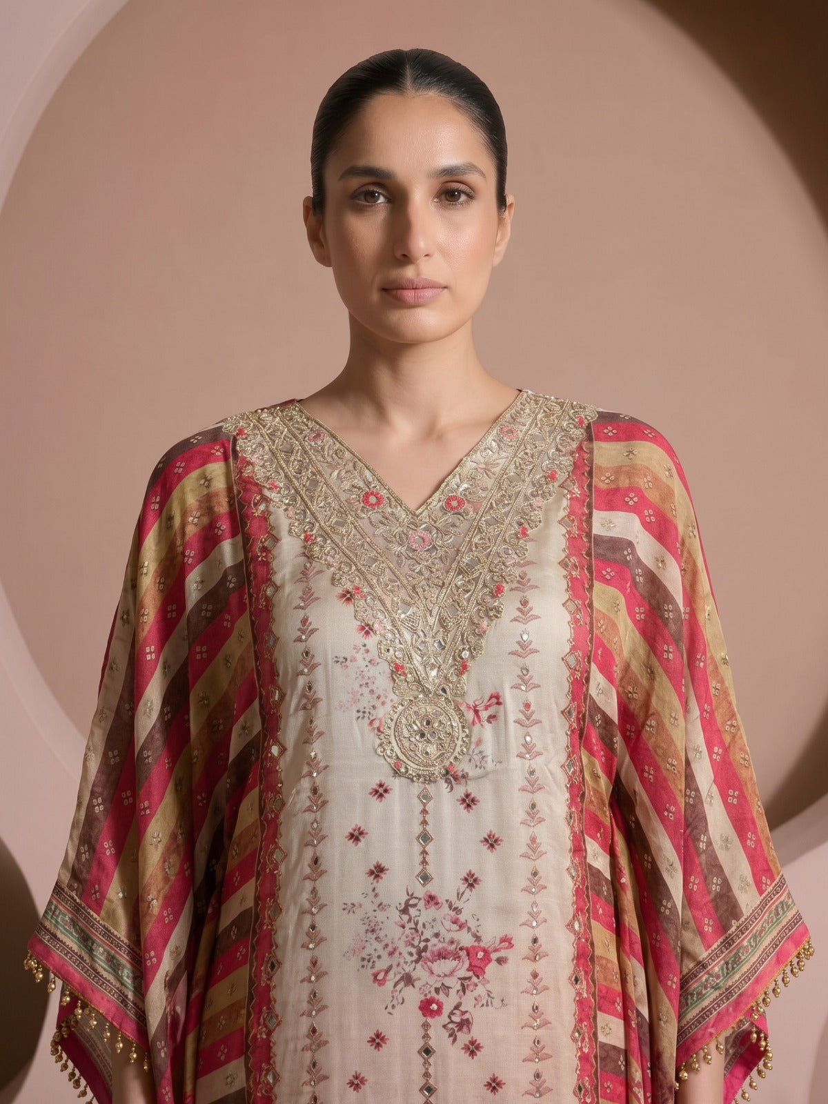 Multicolored Printed Crepe Silk Kaftan Set