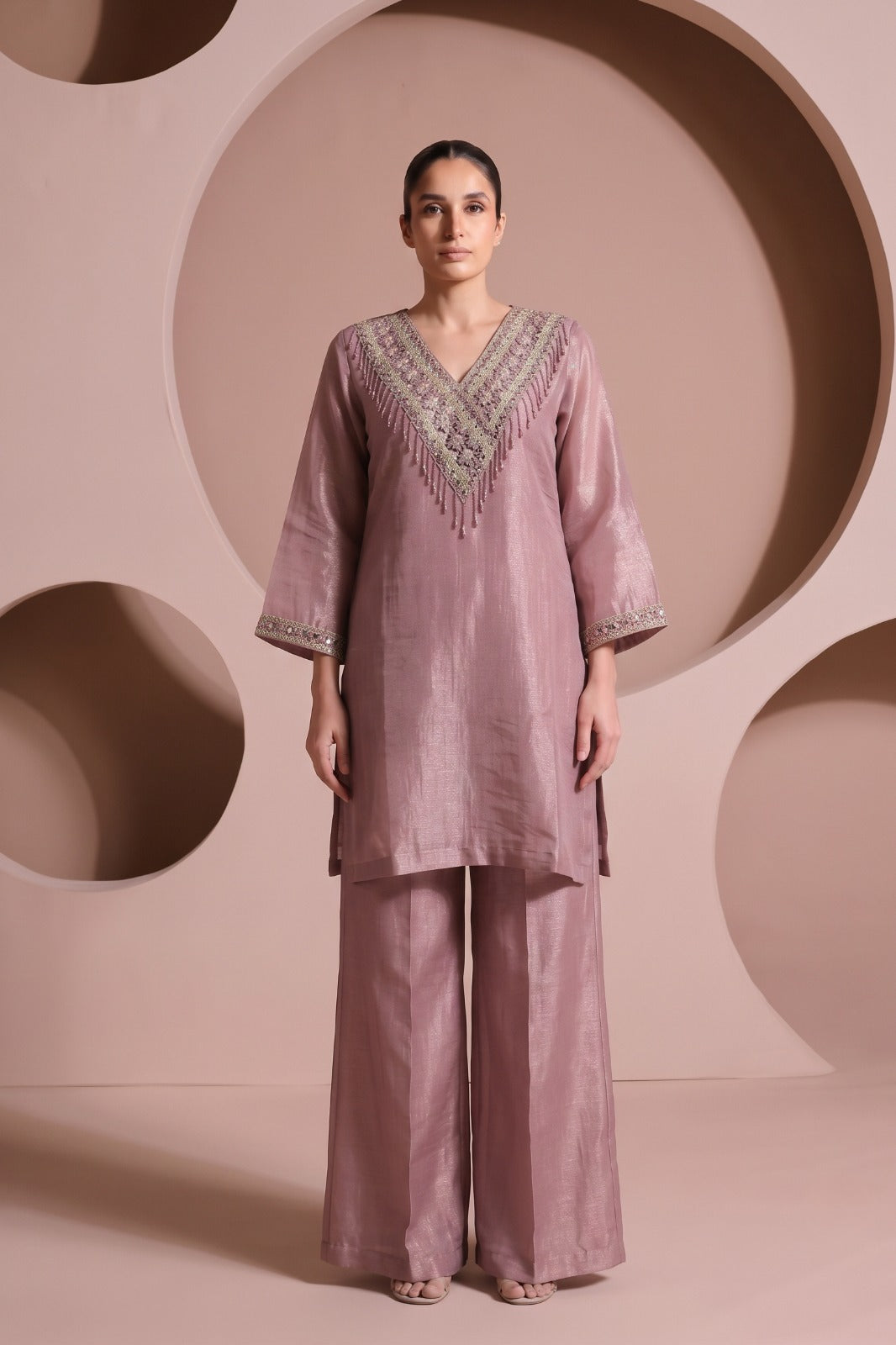 Mauve Gold Embellished Shimmer Crushed Silk Palazzo Set