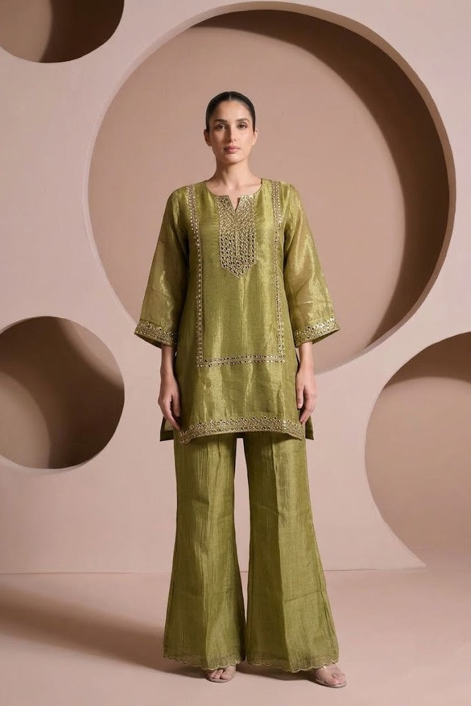 Metallic Moss Green Embellished Tissue Silk Palazzo Set