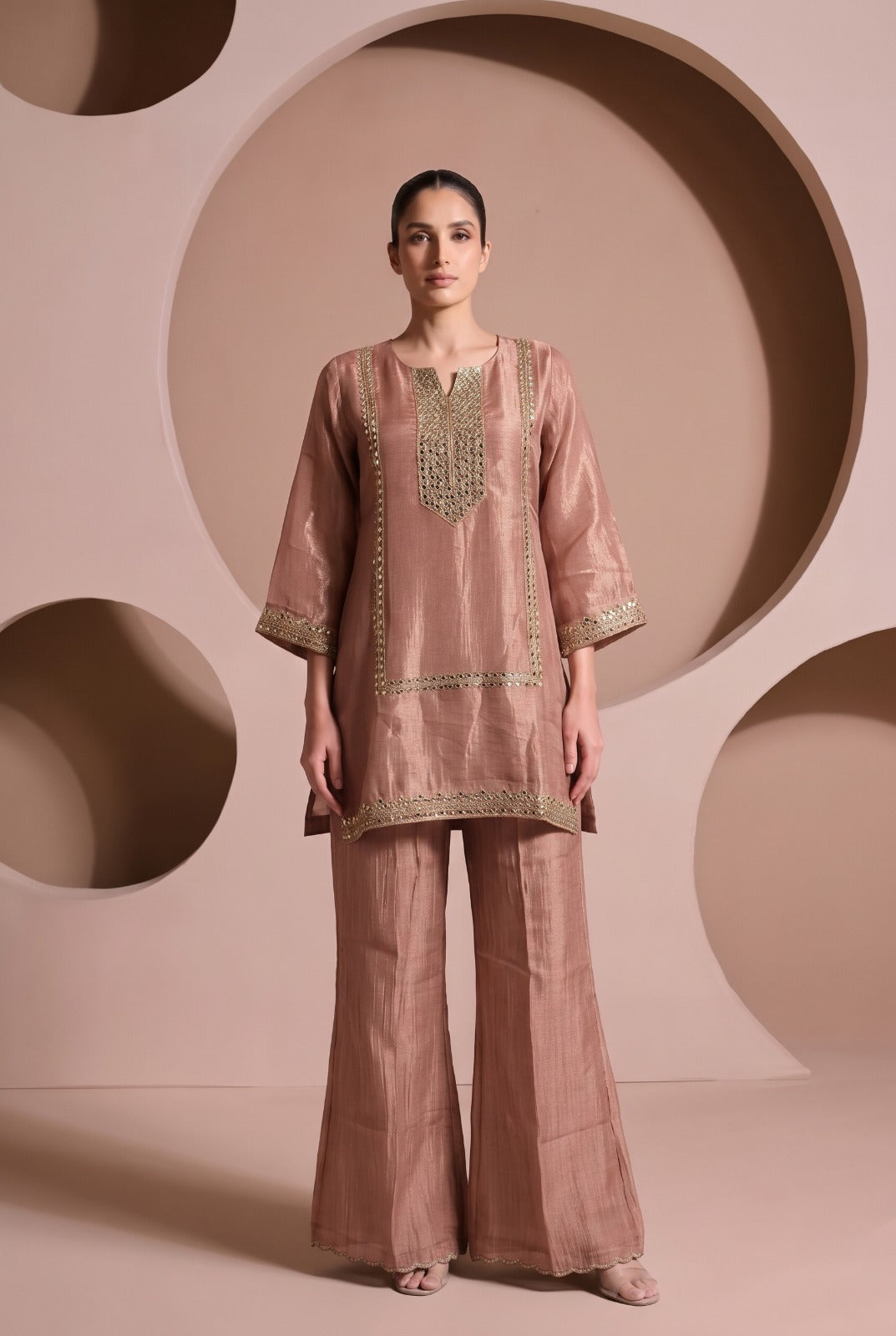 Dusty Rose Embellished Tissue Silk Palazzo Set