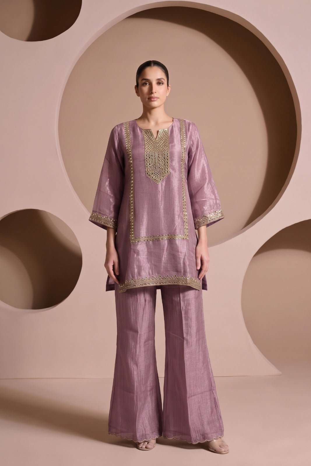Dusty Lilac Embellished Tissue Silk Palazzo Set