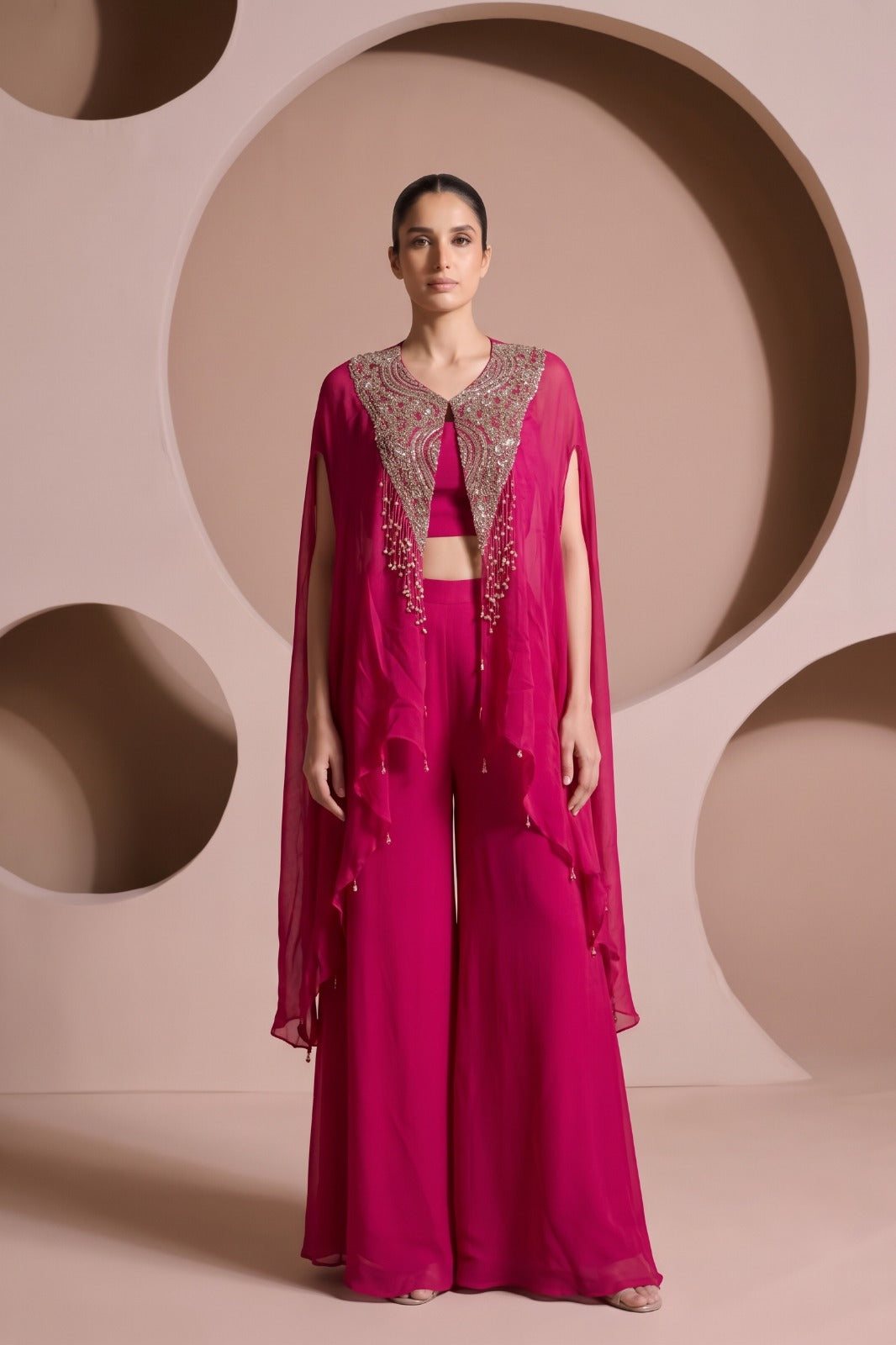 Fuchsia Pink Embellished Chinon Silk Palazzo Set