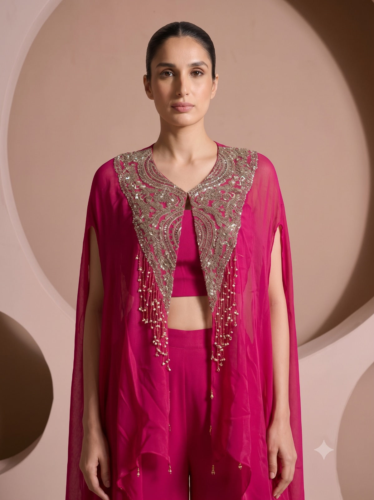 Fuchsia Pink Embellished Chinon Silk Palazzo Set
