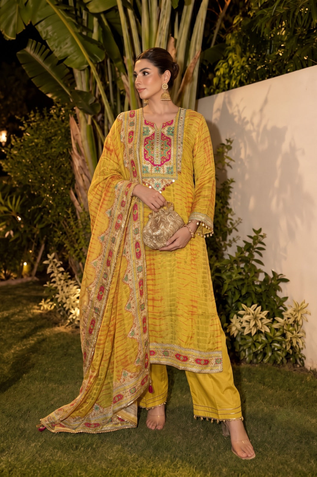 Mustard Yellow Printed Crepe Silk Palazzo Set
