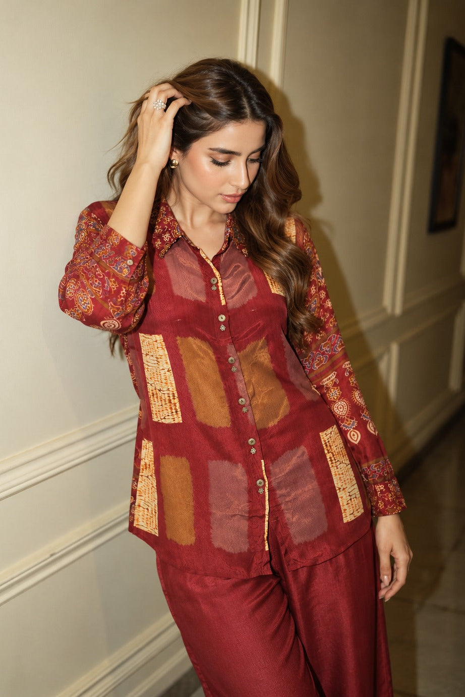 Maroon Geometric Print Pure Crepe Co-ord Set