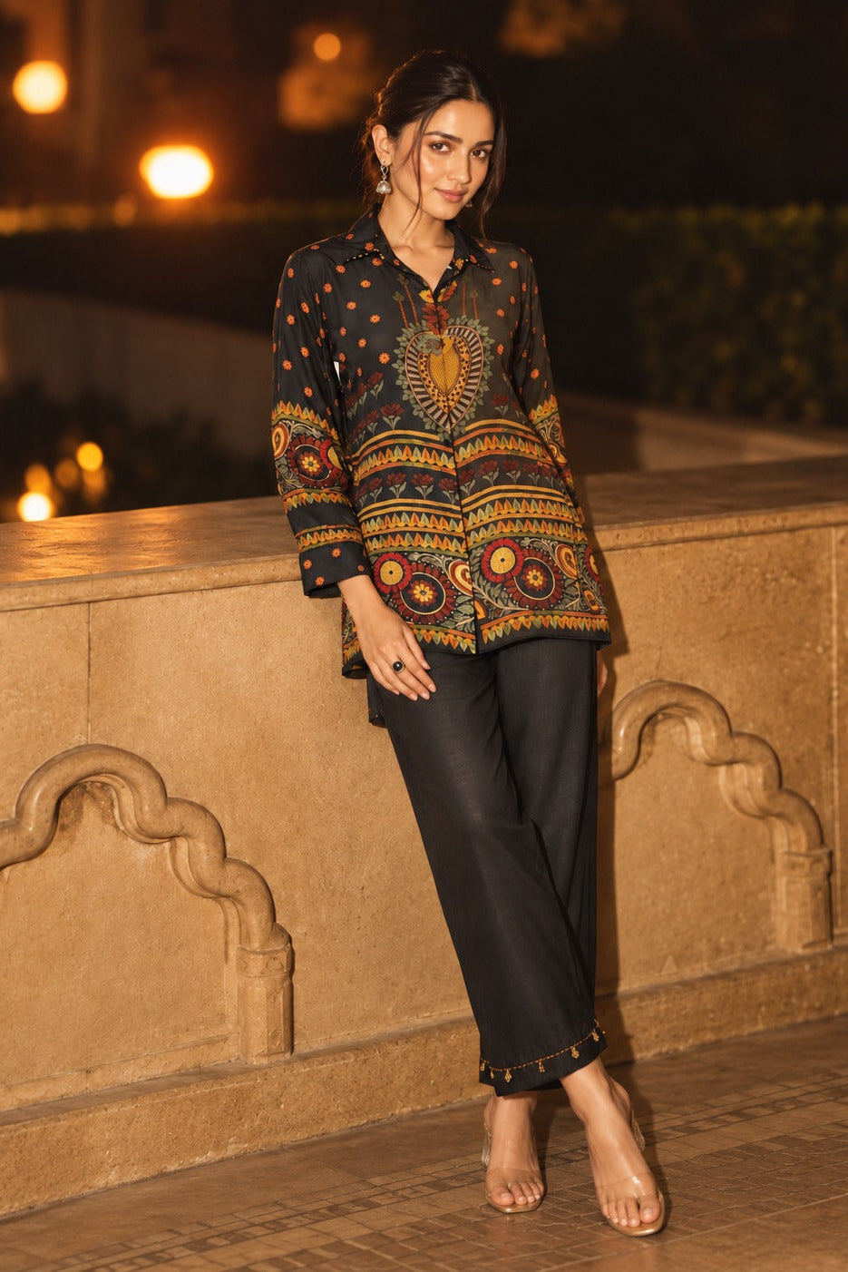Charcoal Black Bohemian Print Crepe Co-ord Set