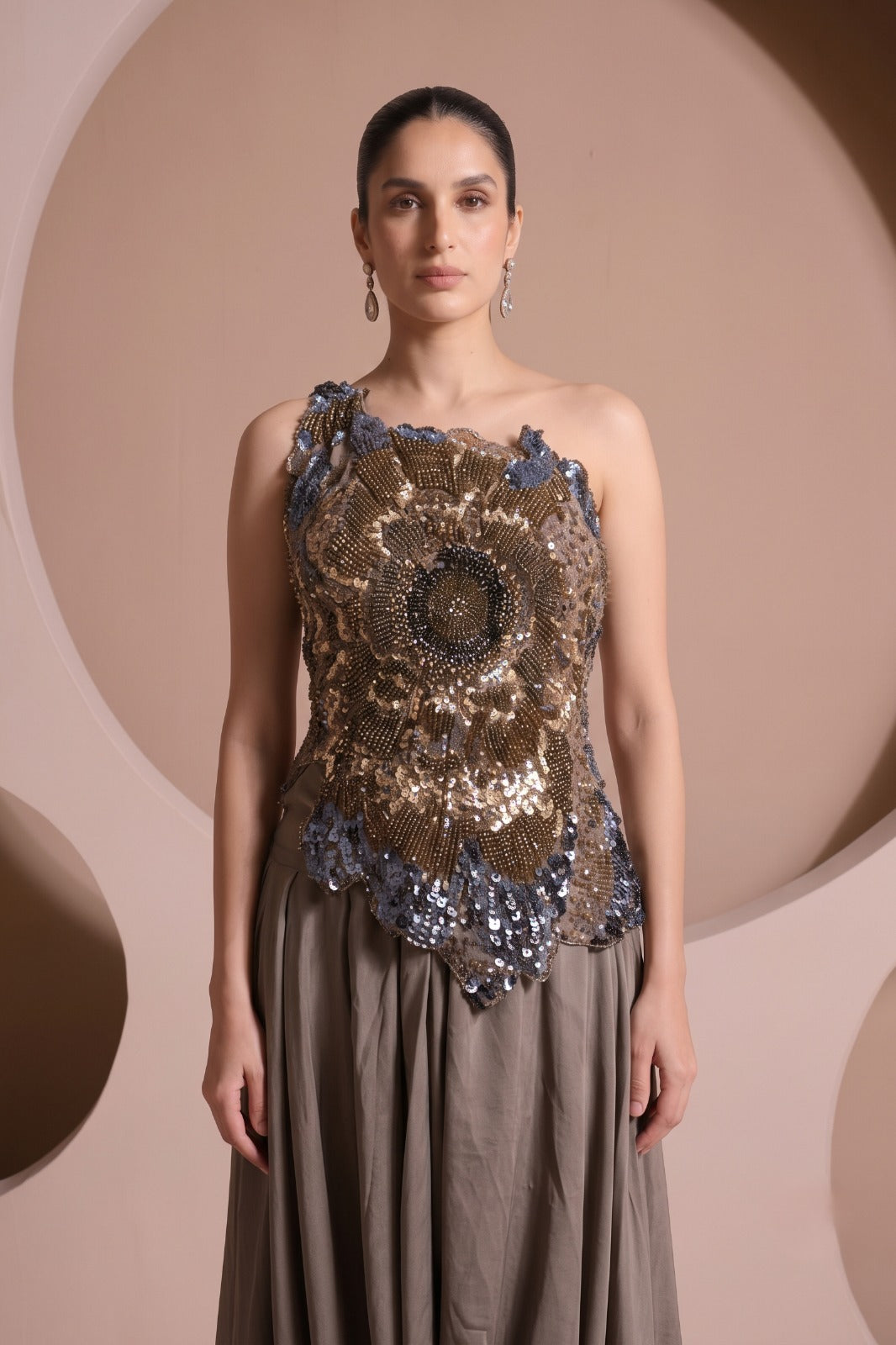 Metallic Taupe Embellished Crepe Satin Silk Set