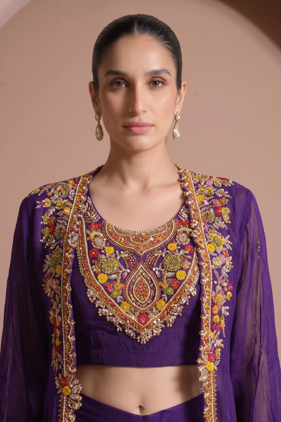 Velvet Purple Embellished Crepe Silk Skirt Set