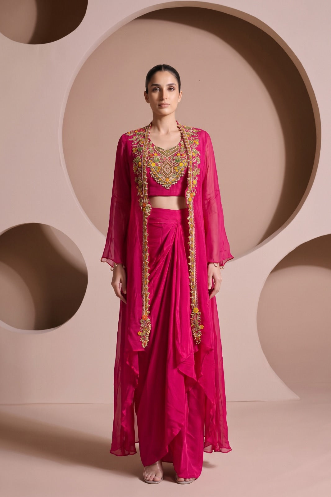Royal Pink Embellished Crepe Silk Skirt Set
