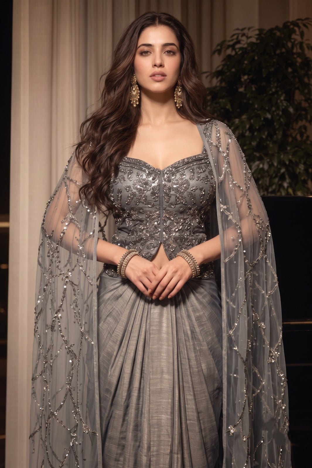 Silver Grey Embellished Spandex Skirt Set