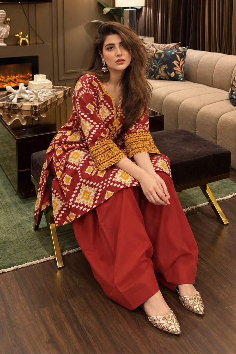 Maroon Embroidered Mul Silk Farshi Salwar Set