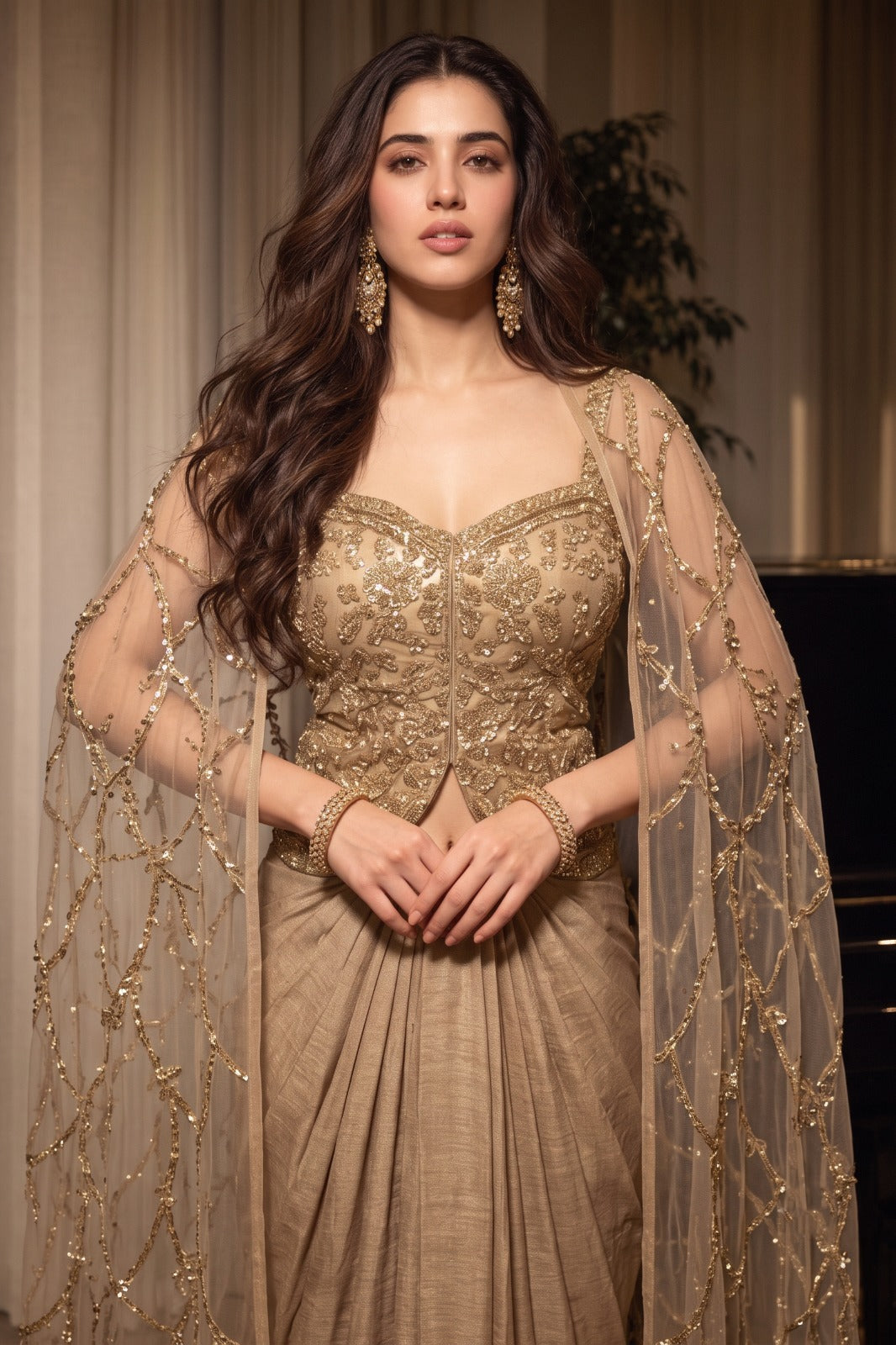 Champagne Gold Embellished Spandex Skirt Set
