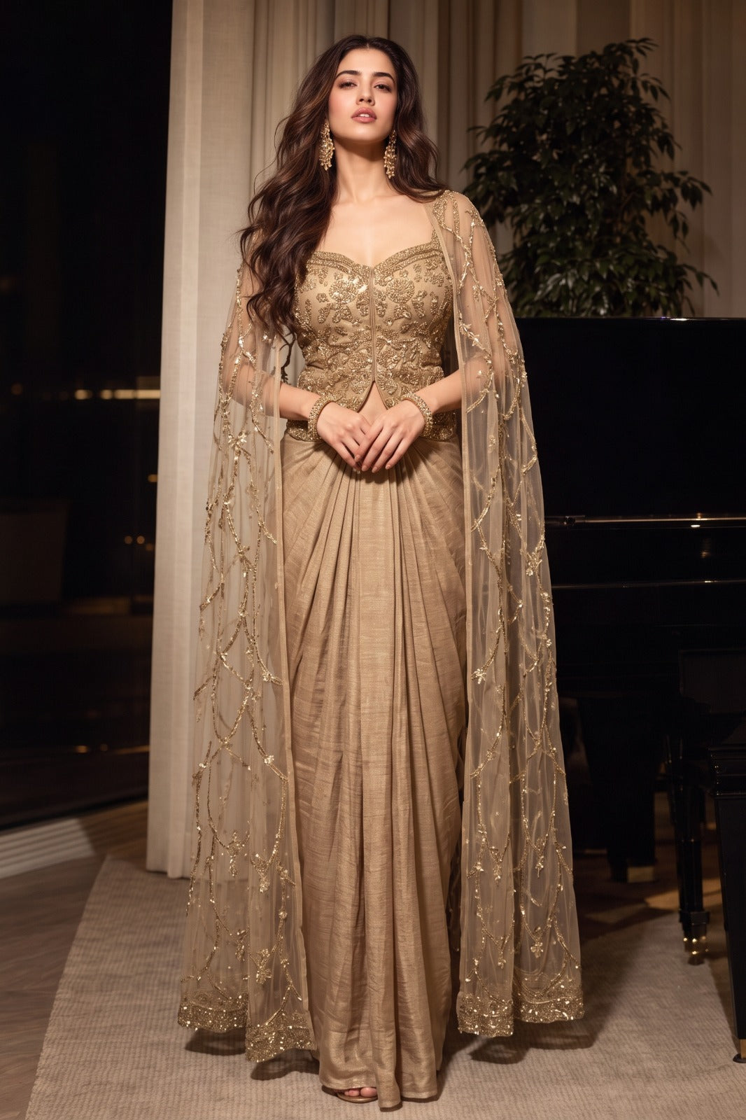 Champagne Gold Embellished Spandex Skirt Set