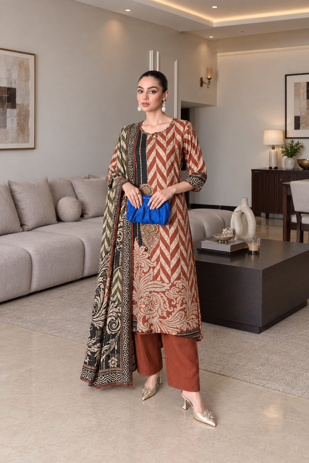 Rust Brown Printed Crepe Silk Kurta Set