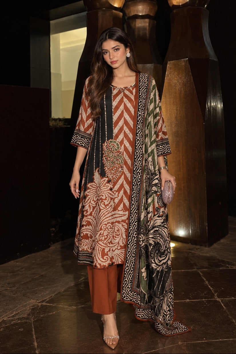 Rust Brown Printed Crepe Silk Kurta Set
