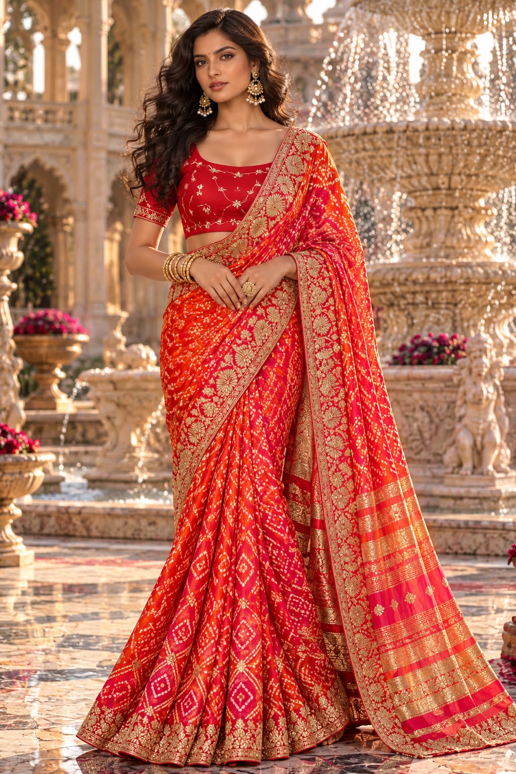 Red and Orange Zardozi Embroidered Bandhej Saree