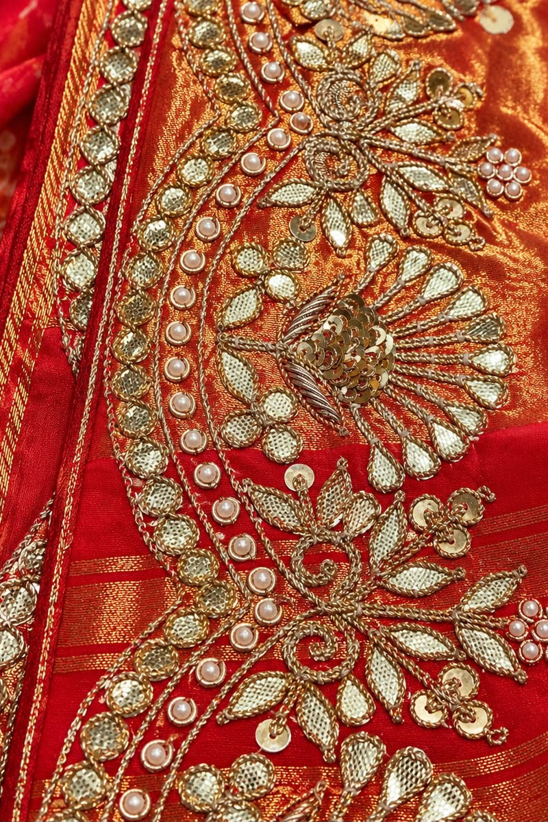 Red and Orange Zardozi Embroidered Bandhej Saree