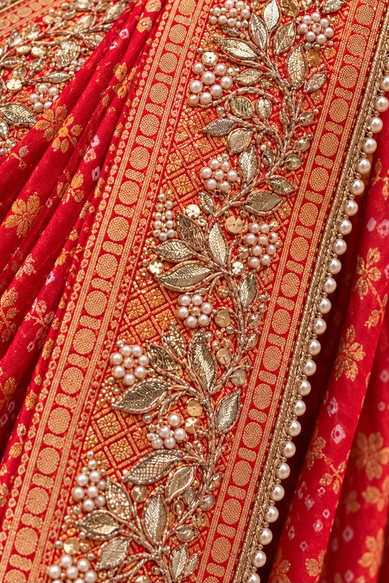 Red Pearl Embroidered Bandhej-Inspired Zari Saree
