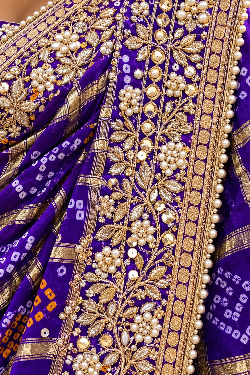 Royal Purple Embroidered Bandhej & Zari Saree