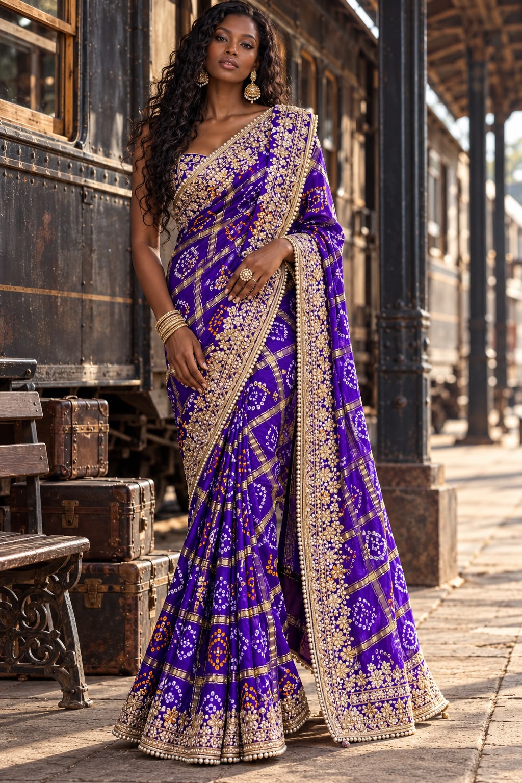 Royal Purple Embroidered Bandhej & Zari Saree