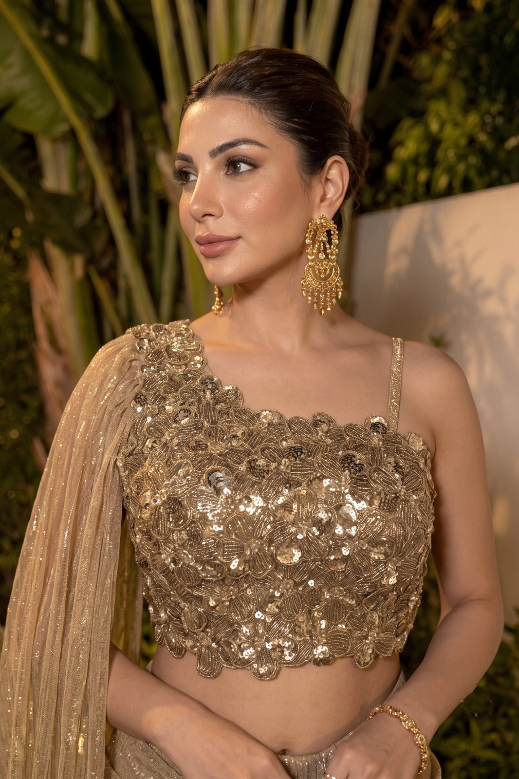 Champagne Gold Embellished Shimmer Silk Skirt Set