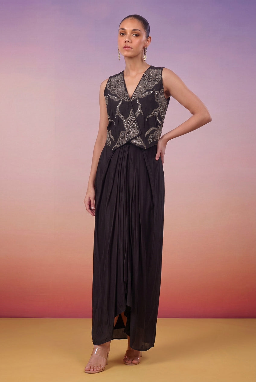 Midnight Black Embellished Raw Silk Skirt Set