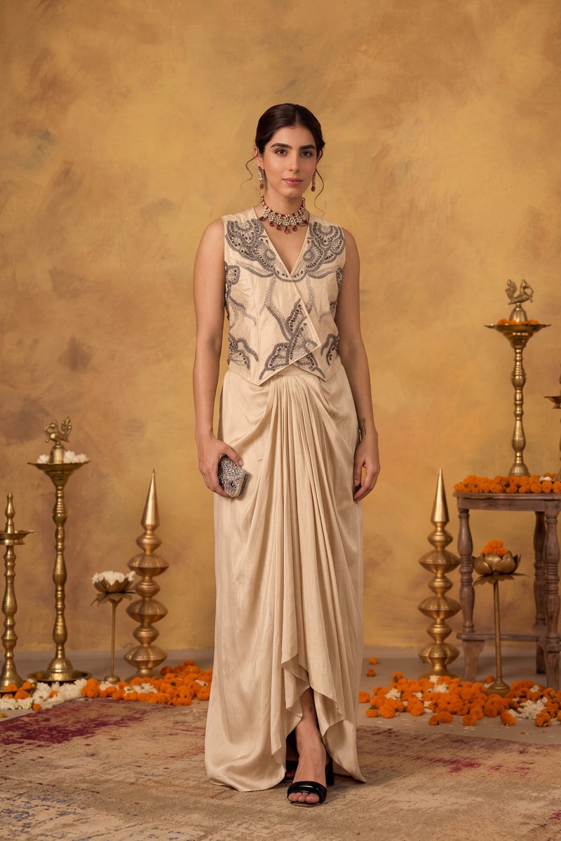 Champagne Ivory Embellished Raw Silk Skirt Set