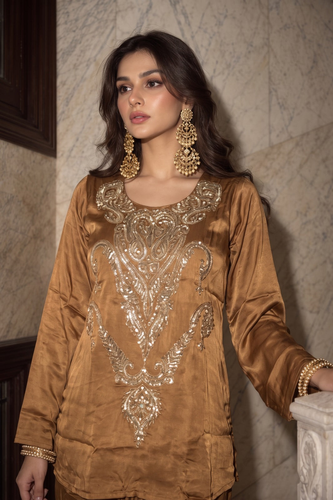 Caramel Brown Embellished Crepe Satin Silk Skirt Set