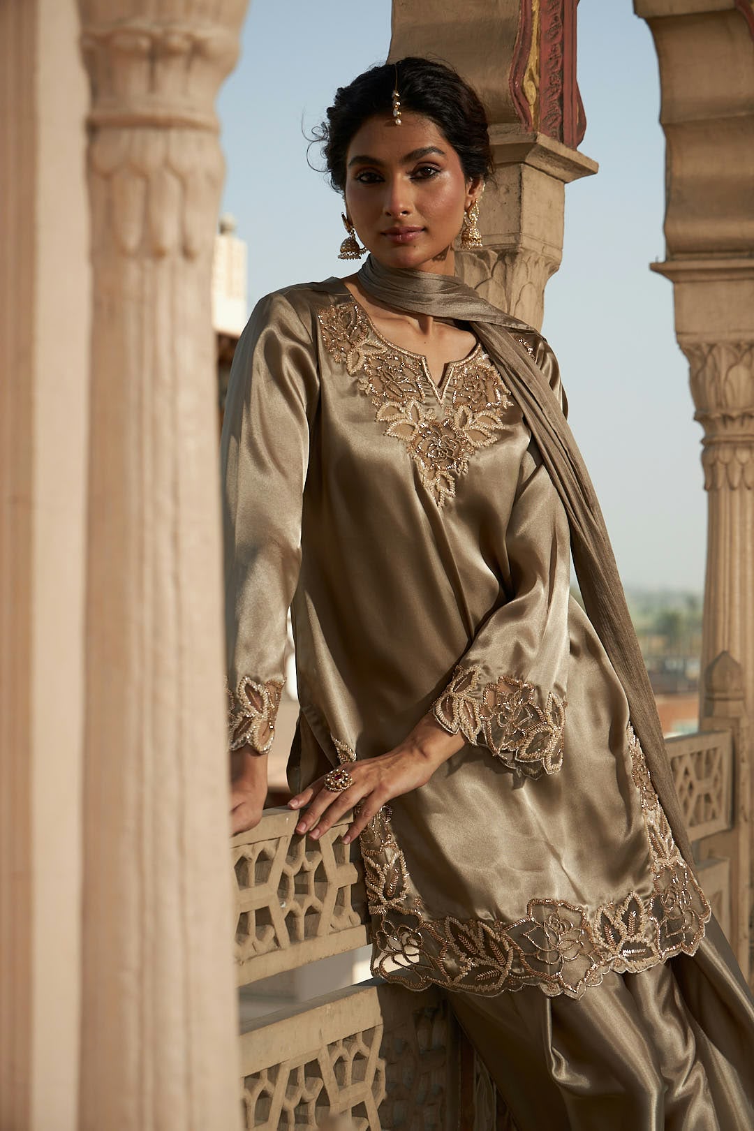 Mettalic Grey Embellished Giraffe Silk Farshi Salwar Set