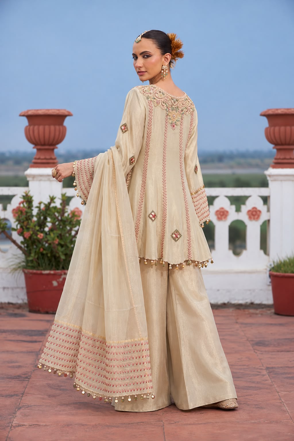 Mettalic Beige Embellished Tissue Silk Pant Set