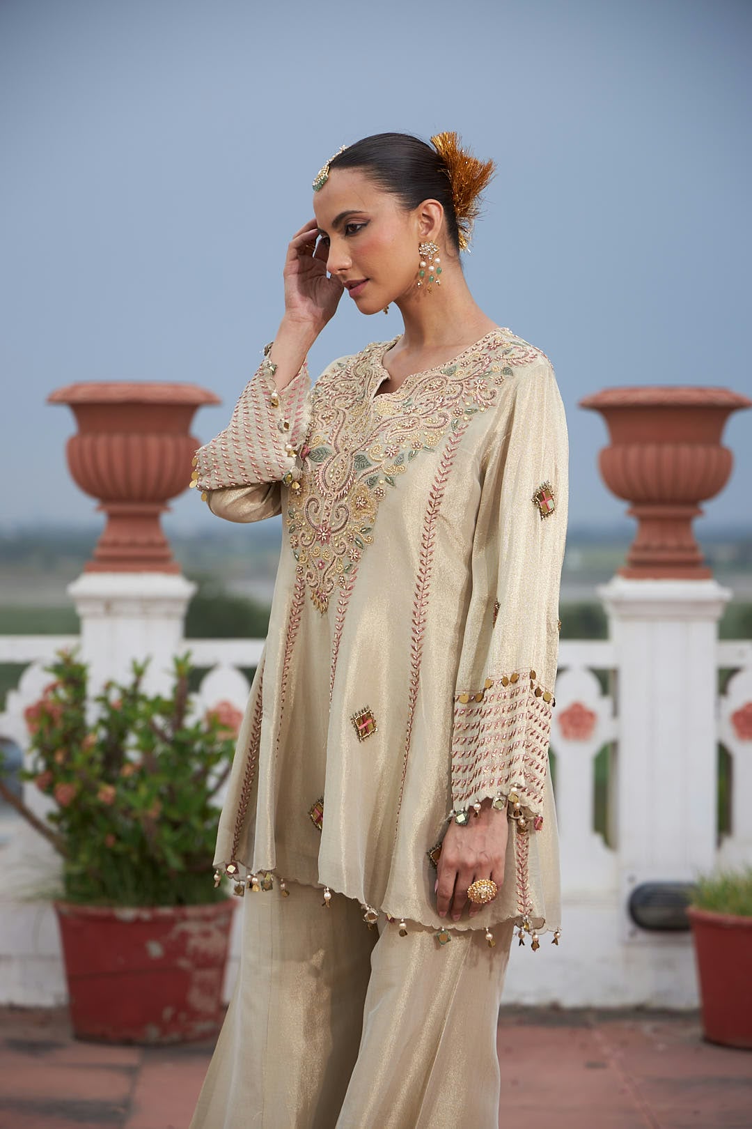 Mettalic Beige Embellished Tissue Silk Pant Set