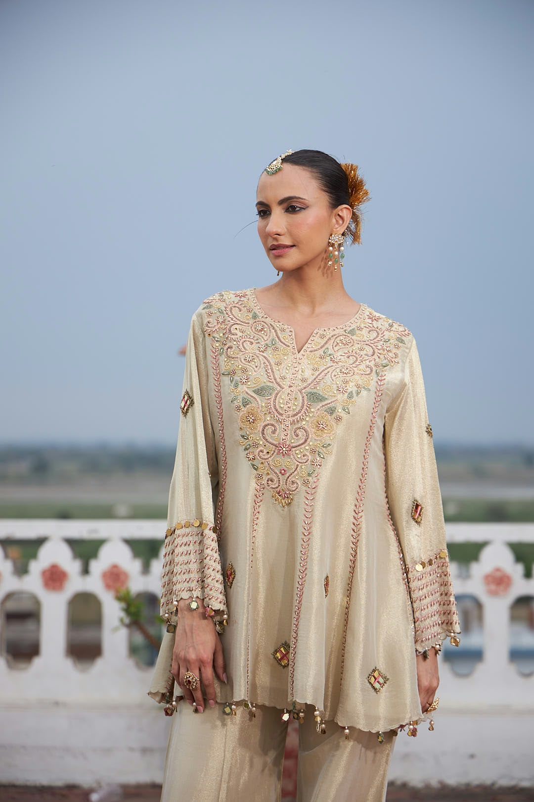 Mettalic Beige Embellished Tissue Silk Pant Set