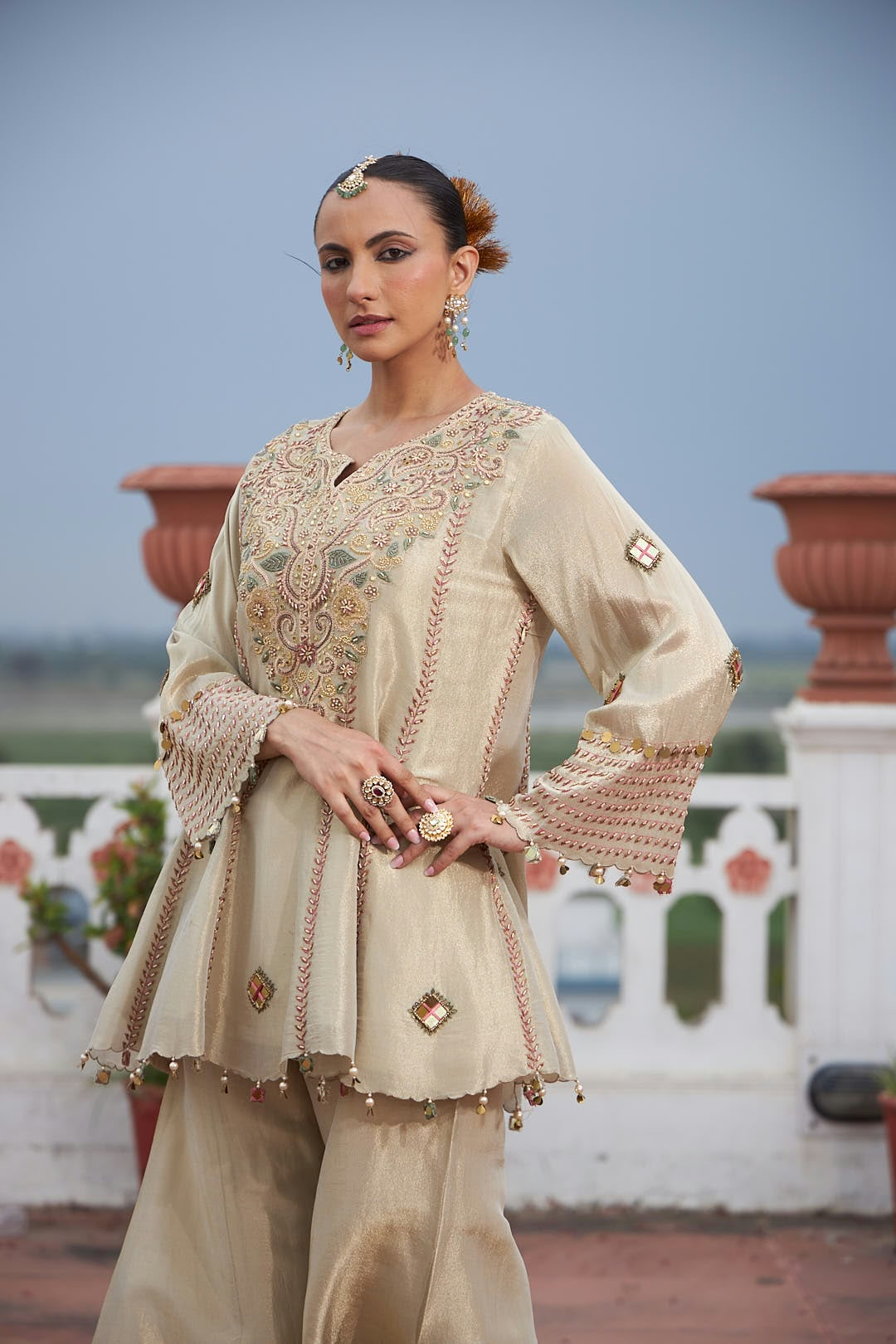 Mettalic Beige Embellished Tissue Silk Pant Set